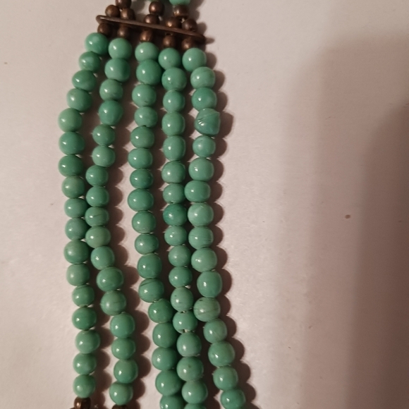 Tanjore India Beaded Bib Style Necklace Stunning Turquoise GREEN & Metal Beading - Picture 5 of 7